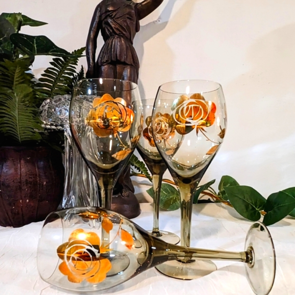 Bohemian Style Smoke Glass Wine Glass Set 4 With Gold Floral Design